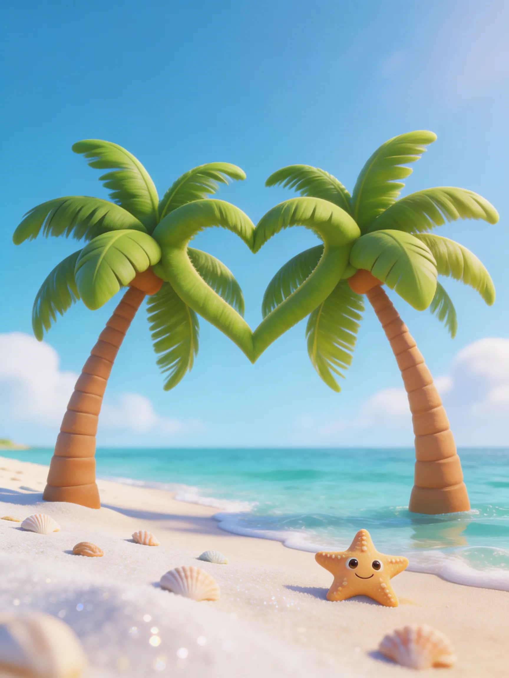 Two palm trees curving into a heart shape on a sunny Miami beach